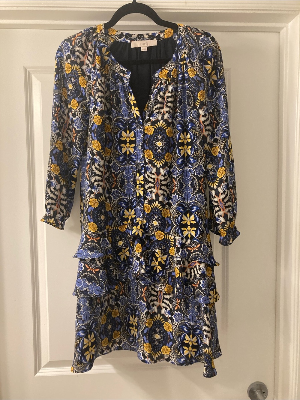 LOFT Blue and Yellow Floral Tiered Button-Front 3/4 Sleeve Dress